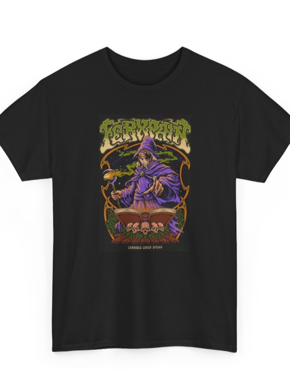Black Wizard Graphic Tee with Purple & Green Design